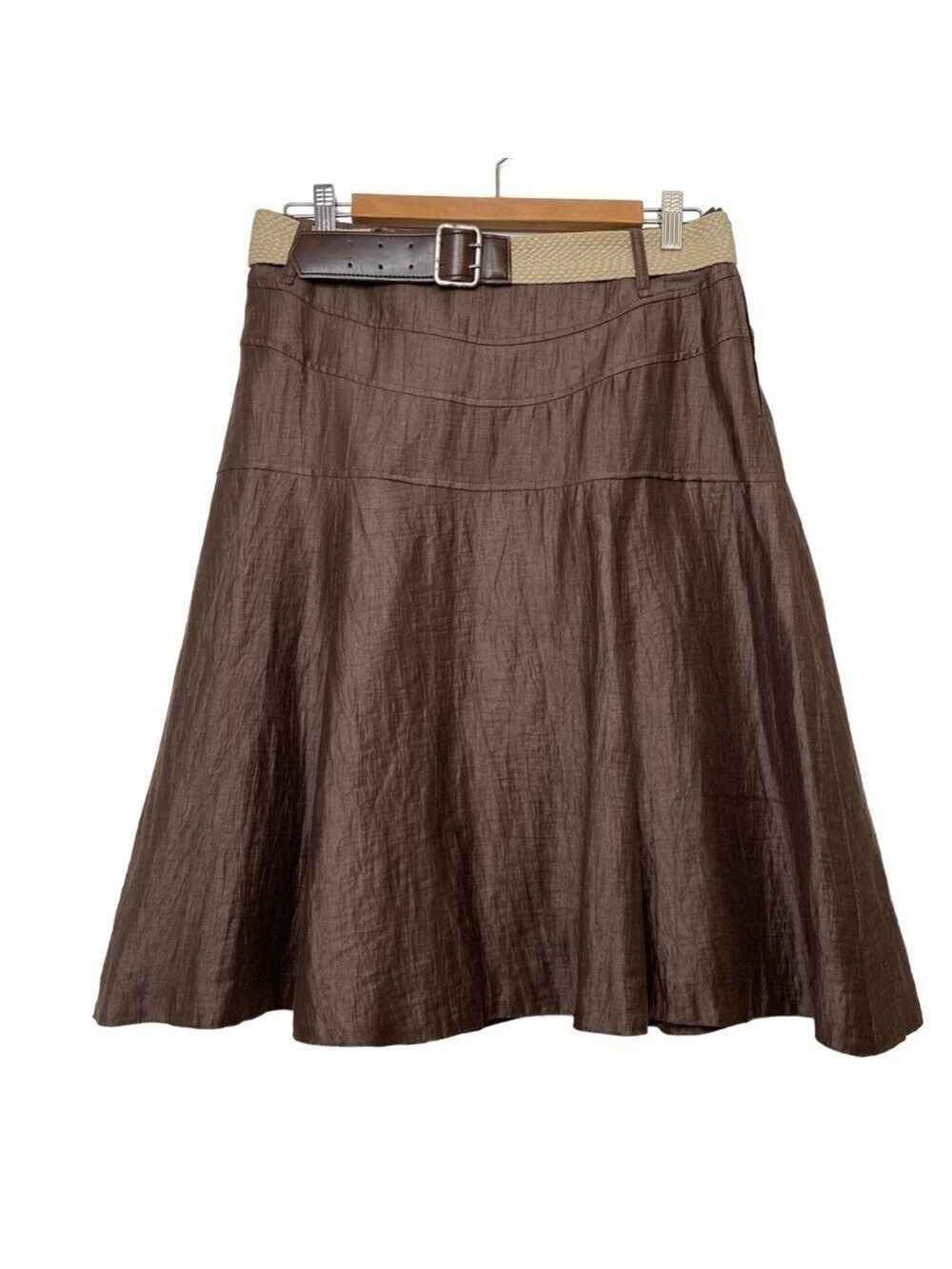 Steilmann silk A line skirt brown distressed belted waist size 8